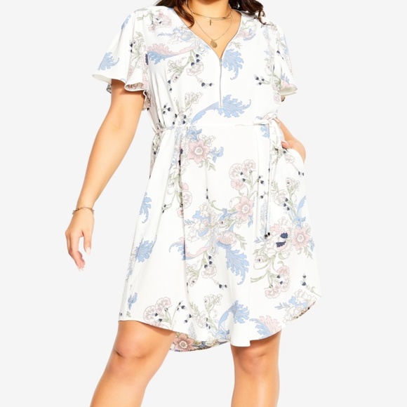 City Chic Size Medium 18 Rose Chic Nouveau Dress White Floral Zip Neck with Slip - Picture 1 of 11